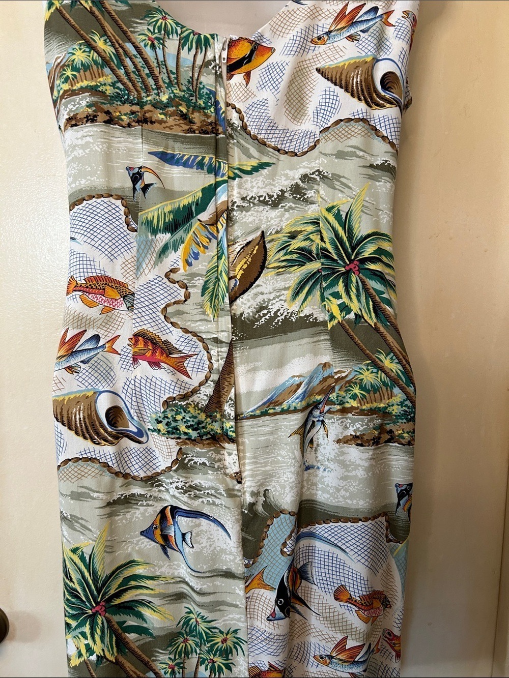 reyn spooner Tropical Palm & Fish Midi Dress - Green, Blue, Brown 100% Rayon M - Picture 8 of 11